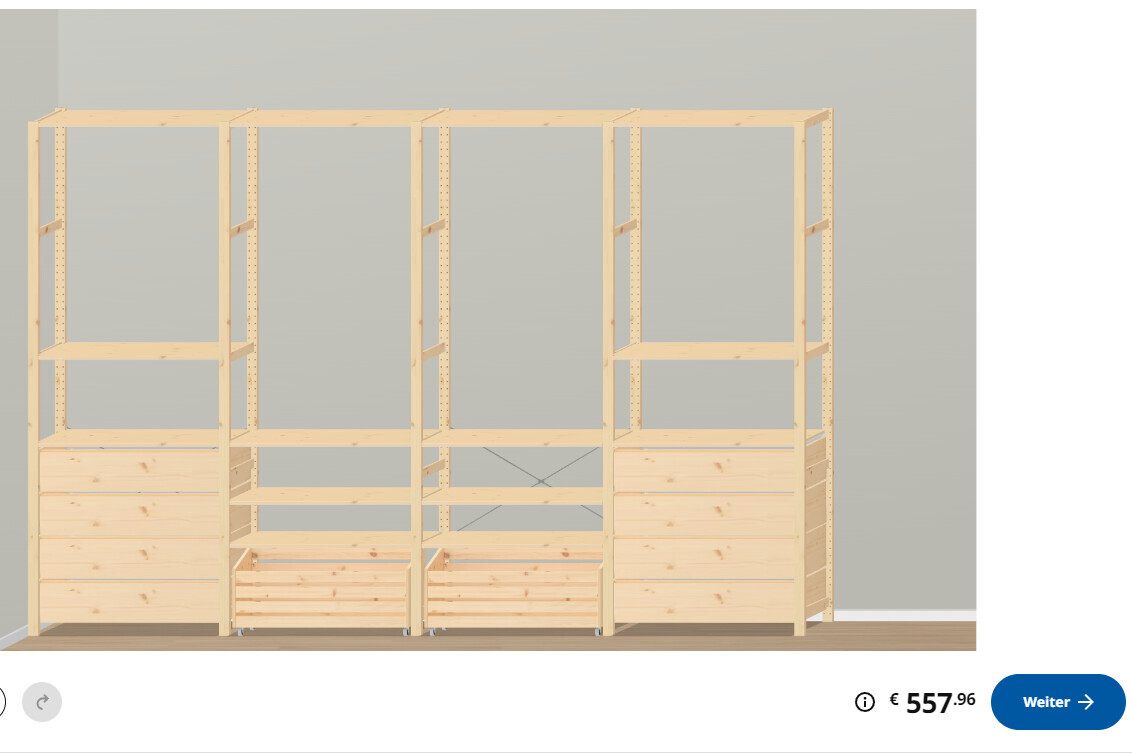 Modular wooden shelving system with open compartments and lower drawers mounted on the wall.