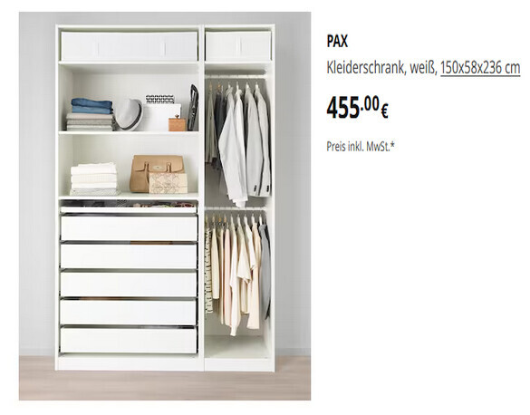 White Pax wardrobe opened: hanging space with shirts, shelves, and drawers.