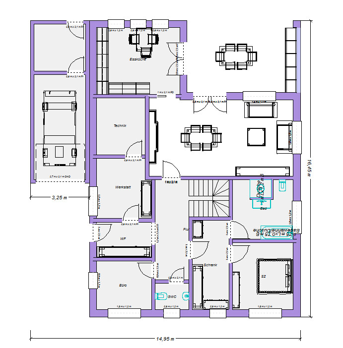 Floor plan of a house with rooms, staircase, kitchen, dining area, bathroom, garage.