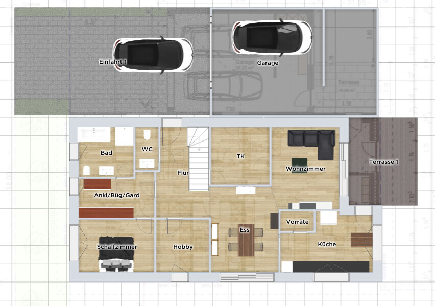 Floor plan: driveway, garage, living room, kitchen, dining room, bedroom, bathroom, hallway.