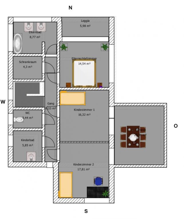 House floor plan with master bedroom, two children’s rooms, bathrooms, loggia.
