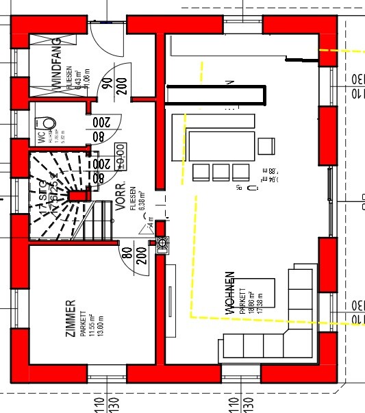 Grundriss eines Hauses mit roten Außenwänden, Zimmern, Wohnzimmer, Treppe und Möbel.