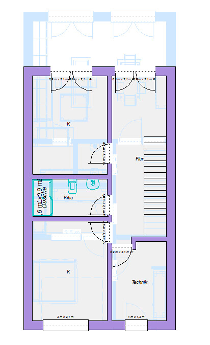 Floor plan of a house with hallway, stairs, utility room, and several rooms (children’s rooms).
