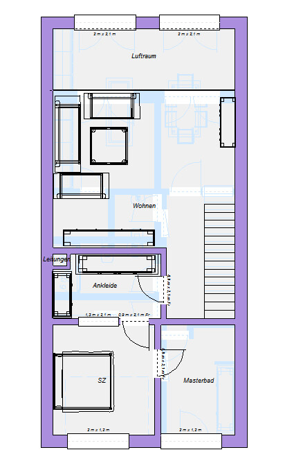 Floor plan of a residential building: open void, living room, dressing room, bedroom, master bathroom, staircase shown.