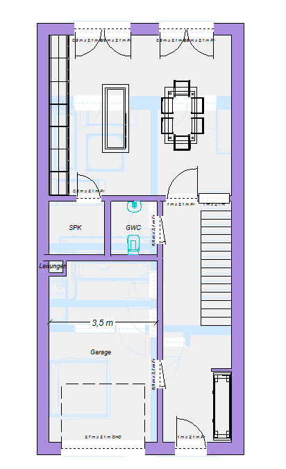 Floor plan of a house: garage below, stairs to the right, dining area with round table, guest toilet.