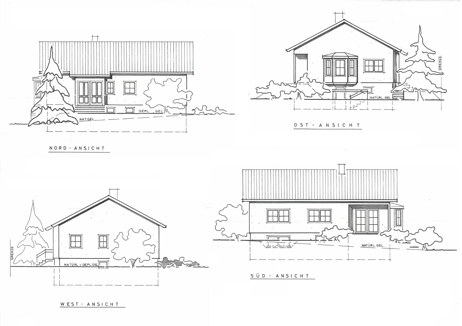 Architectural drawing of a house with north, east, west, and south views and trees.