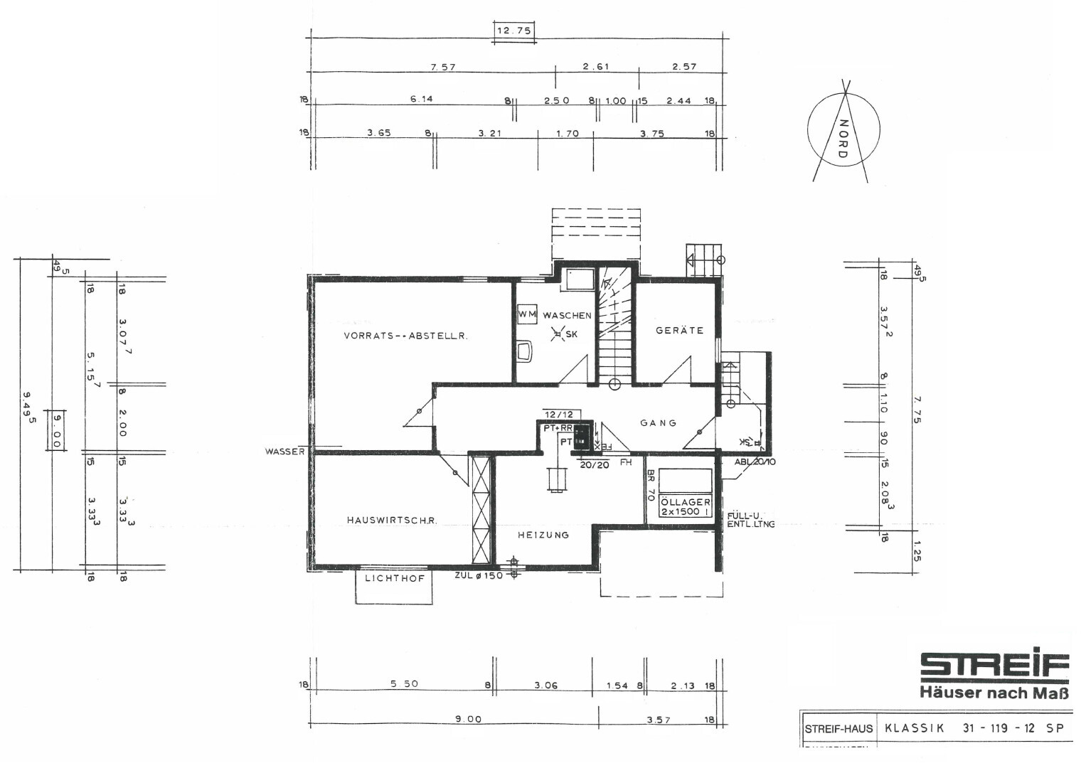 Floor plan of house: basement with storage, laundry, equipment, hallway, heating.