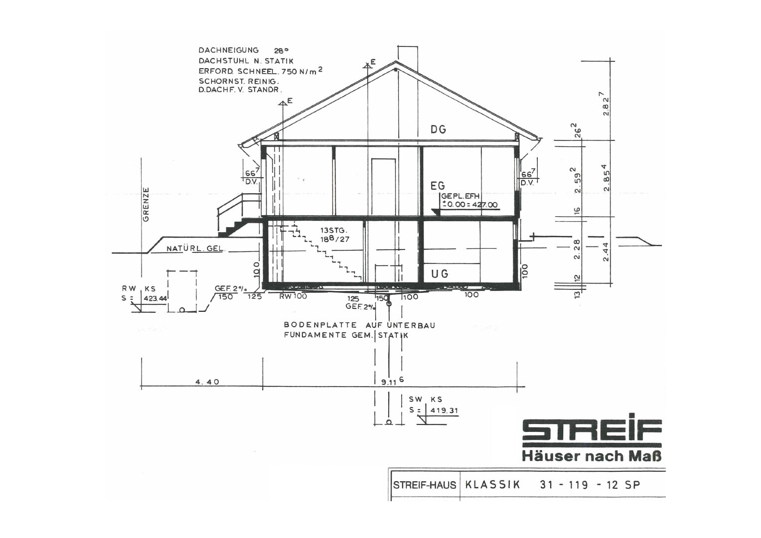 Cross-section of residential building with roof structure, ground floor, basement, stairs, and foundations.