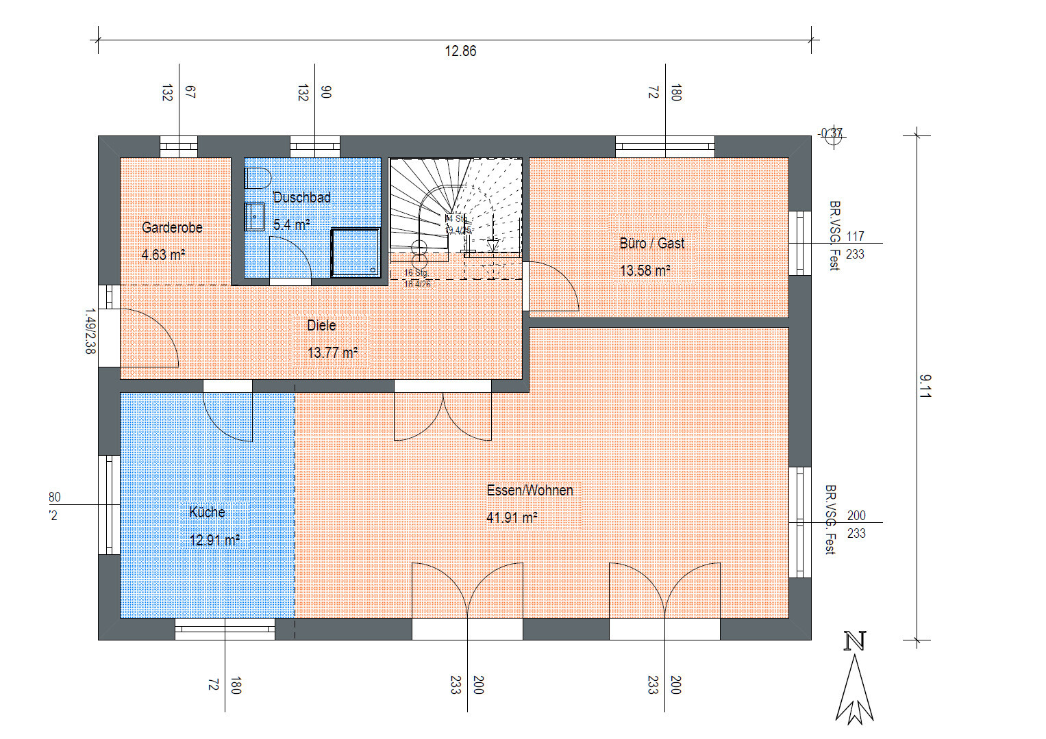 Floor plan of house: kitchen, dining/living room, foyer, cloakroom, shower bath, office/guest.