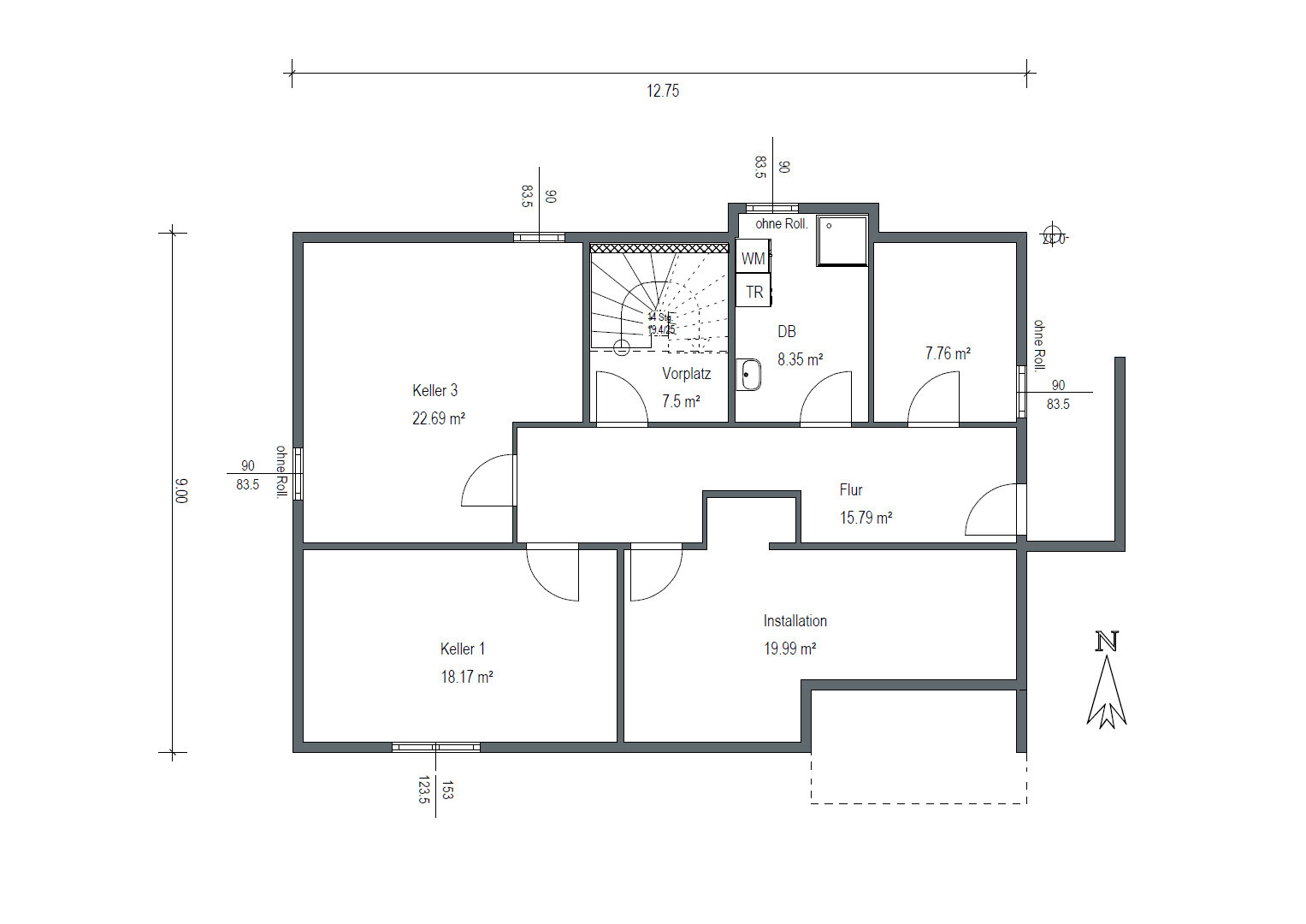 Floor plan basement: rooms basement 1, basement 3, installation, hallway, stairs.