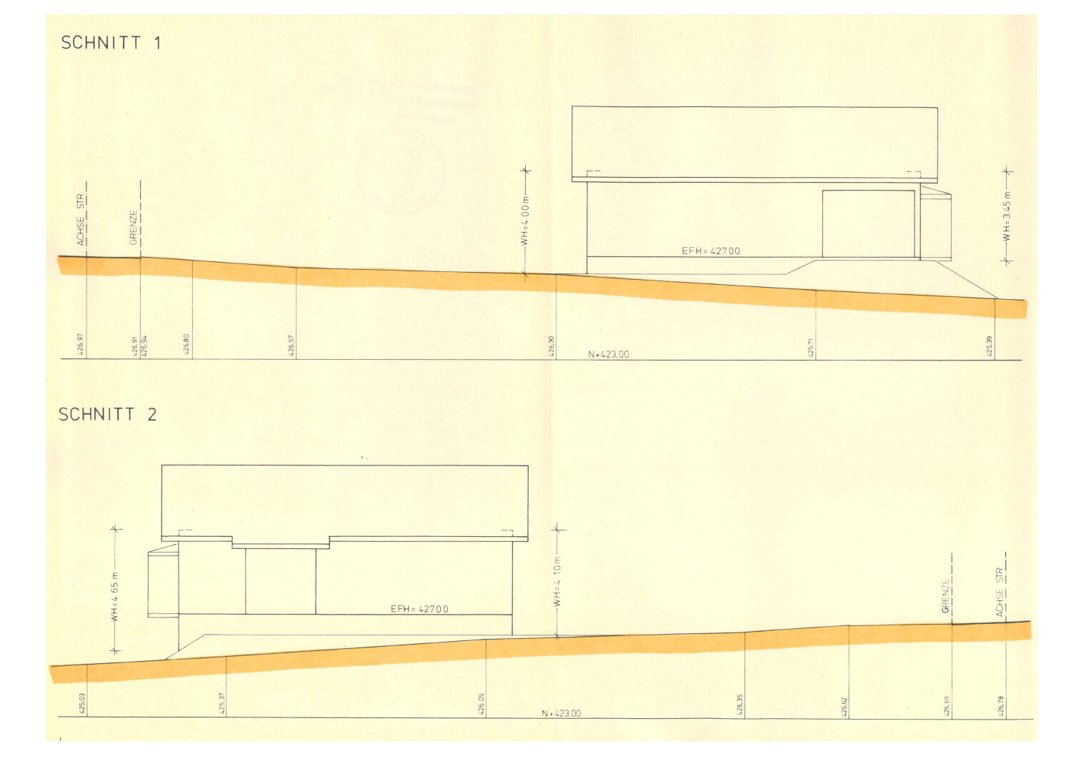 Architectural plan: two section drawings (Section 1 and 2) of a building with orange lines and dimensions.