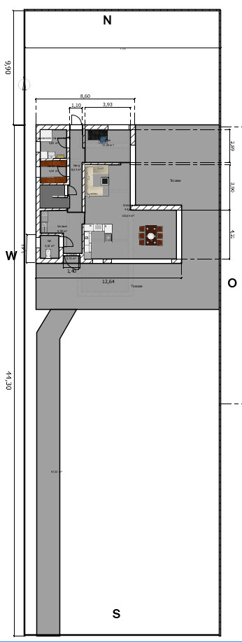 House floor plan showing interior spaces, terrace, and measurements on the plot.