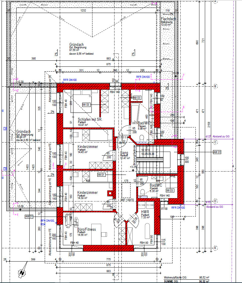 Grundriss eines Wohn- und Funktionsgeschosses mit Schlafzimmer, Kinderzimmer, Büro/Fitness, Bad HWR.