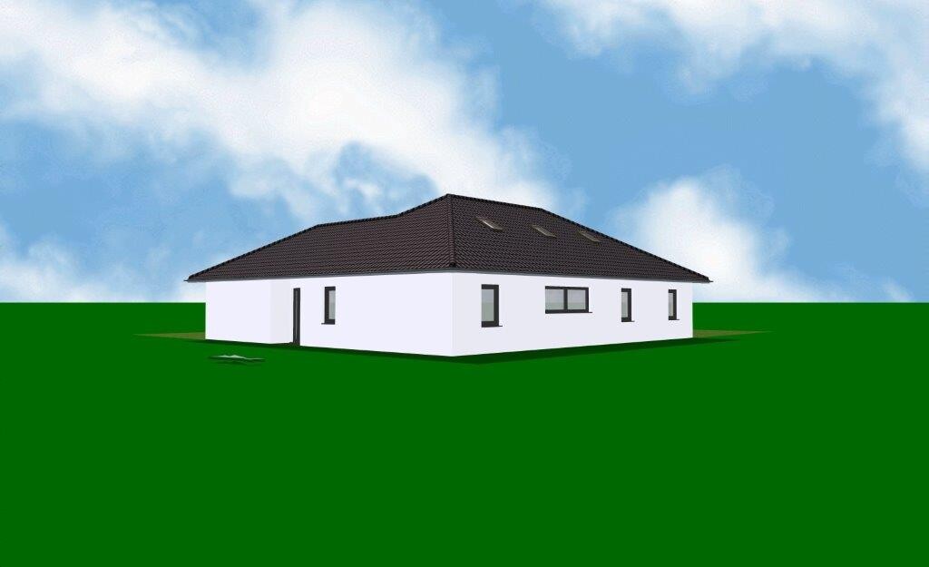 A white house with dark hipped roof stands on green lawn under blue sky.