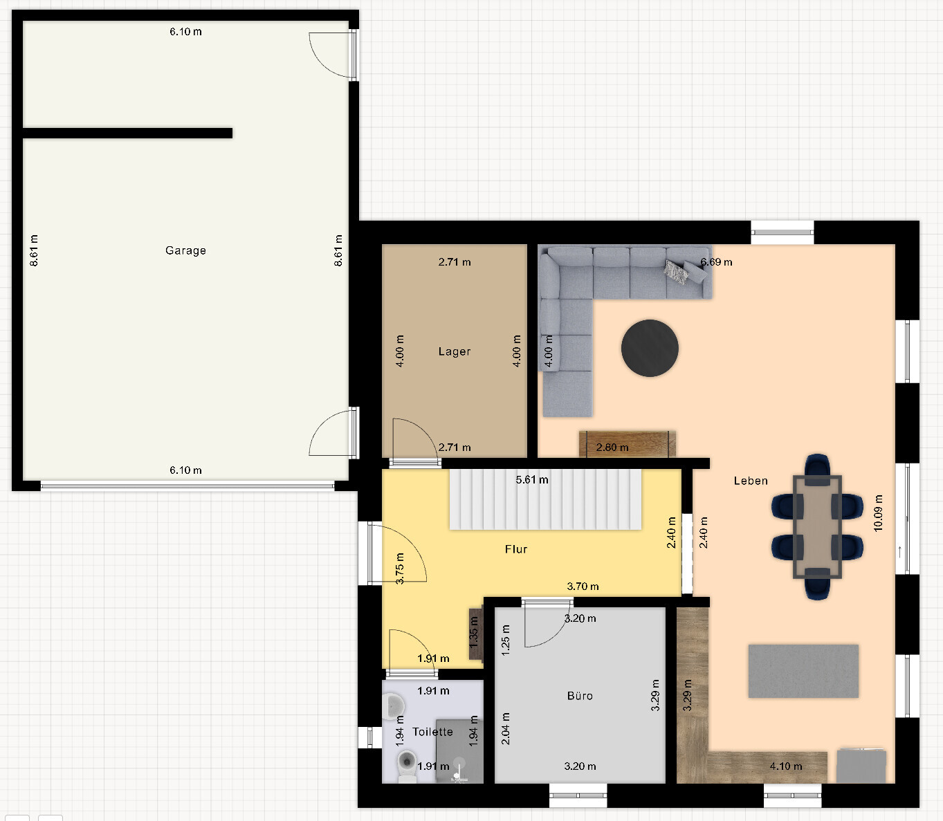 Floor plan of a house: garage left, storage, hall, office, living/dining area with dining table