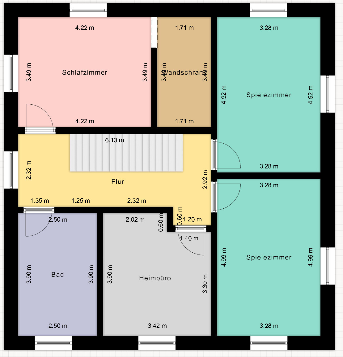 Floor plan: bedroom, walk-in closet, two playrooms, hallway, bathroom and home office