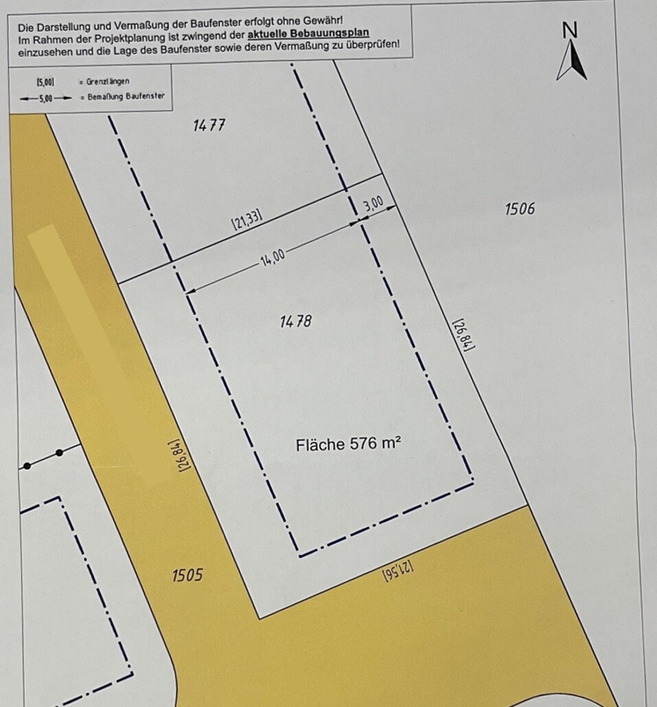 Site plan: parcels 1477/1478 with area 576 sqm (6,200 sq ft), yellow access area and north arrow.