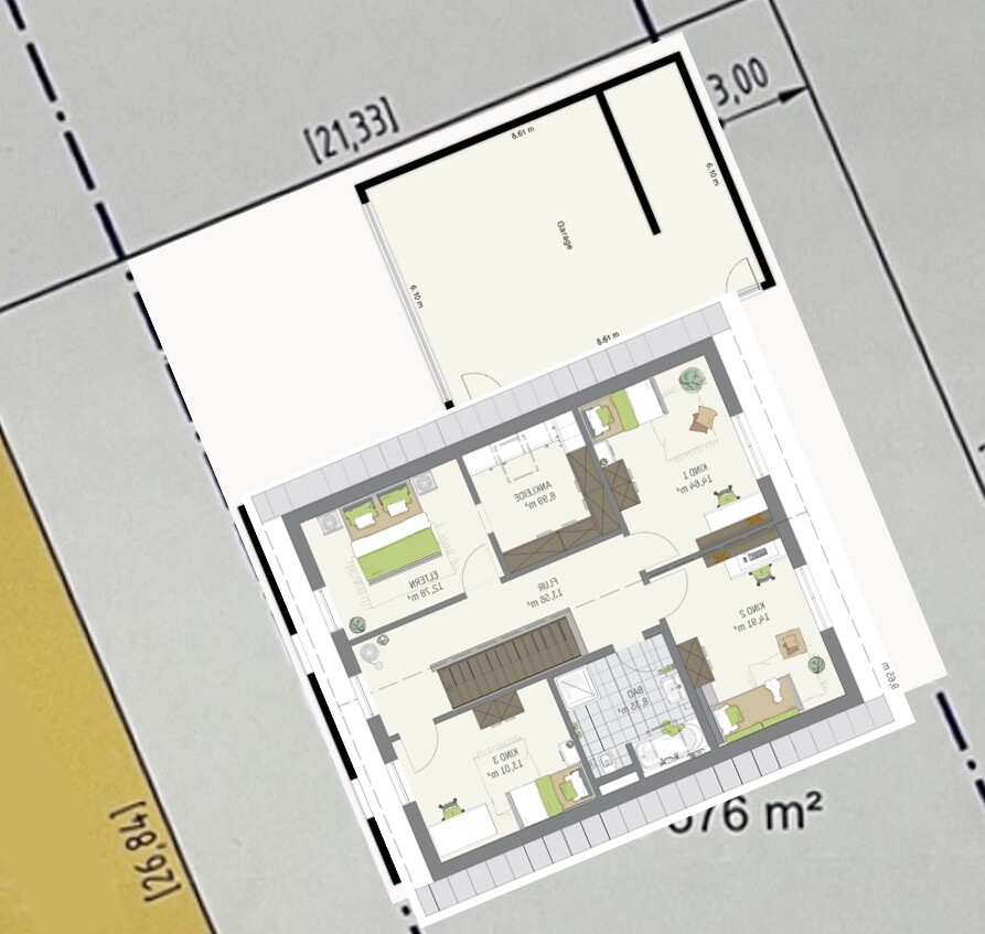 Grundriss eines Hauses mit Wohnzimmer, Küche, Schlafzimmern, Bad und Garage.