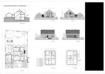 Architectural drawings: floor plans, elevations, and sections of a house.