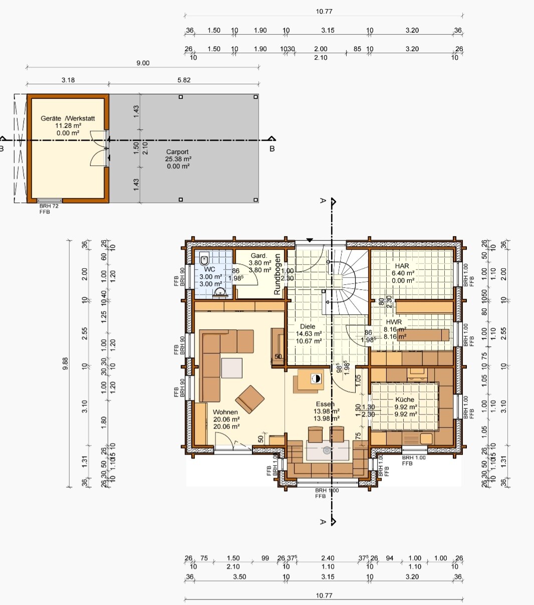 Floor plan of a residential house with living room, kitchen, dining, hallway, cloakroom, utility room, and carport annex