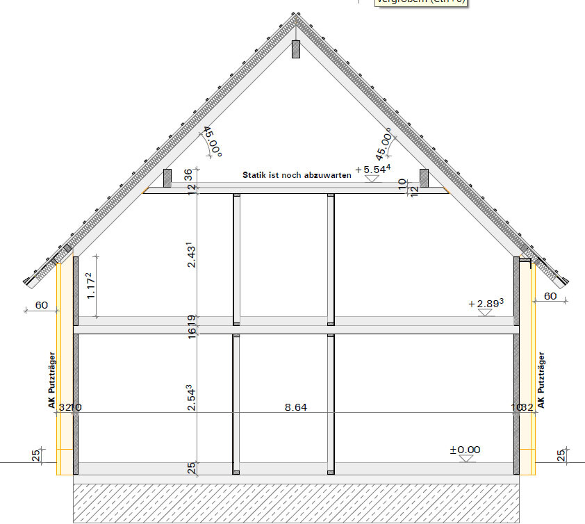 Querschnitt eines Hauses mit Dachstuhl, Wänden und Deckenbalken