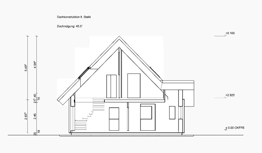 Side view of a house with a gable roof, windows, and staircase.