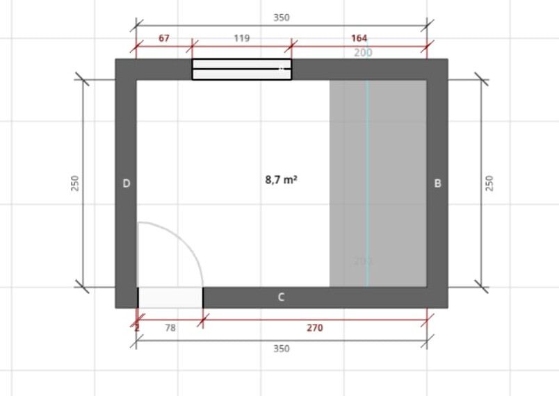 Floor plan of a small rectangular room with door at bottom left, 8.7 m², gray wall on the right