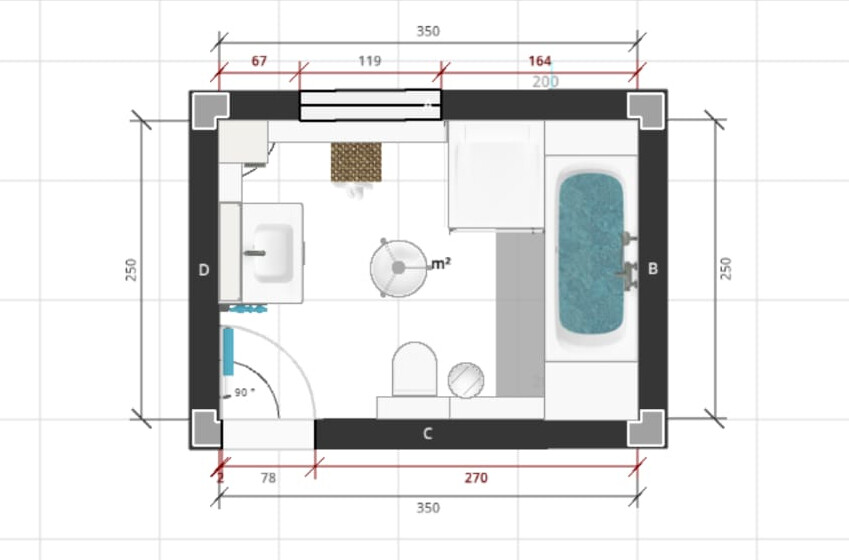 Floor plan of a small room with bathtub, toilet, washbasin, table, chair, and door.