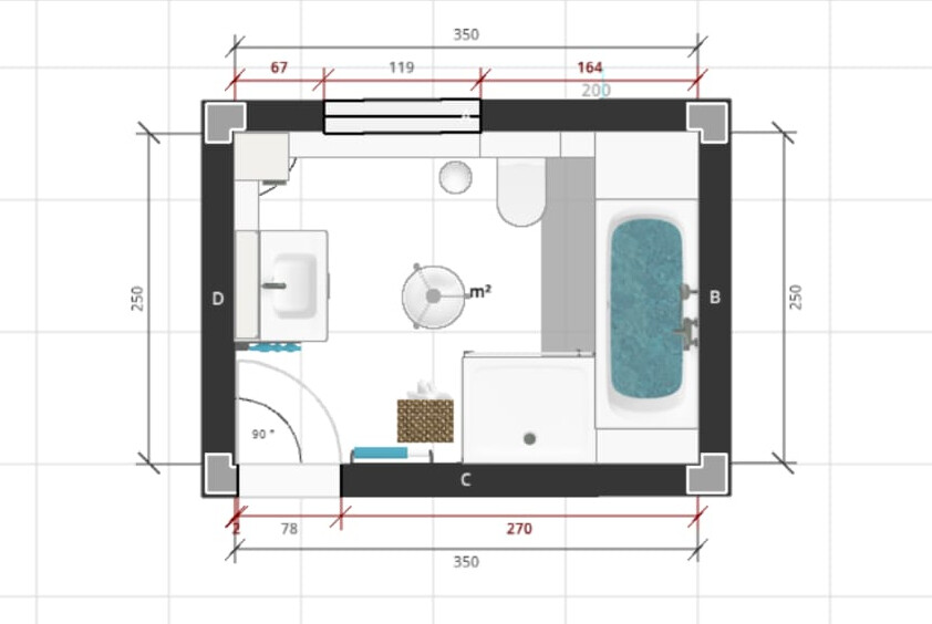 Small floor plan bathroom: bathtub right, washbasin left, toilet front, round table.