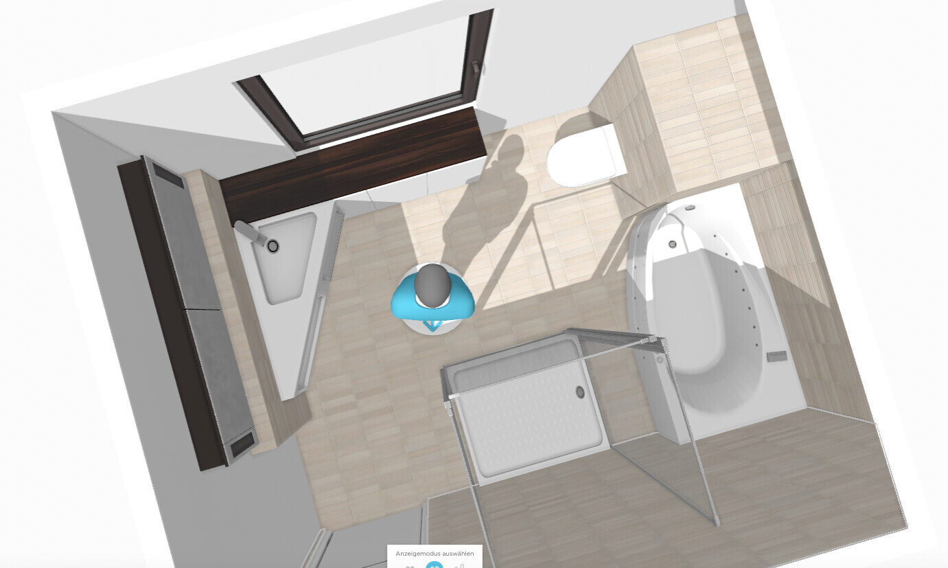 Top view of a modern bathroom with bathtub, shower, washbasin, toilet and person.