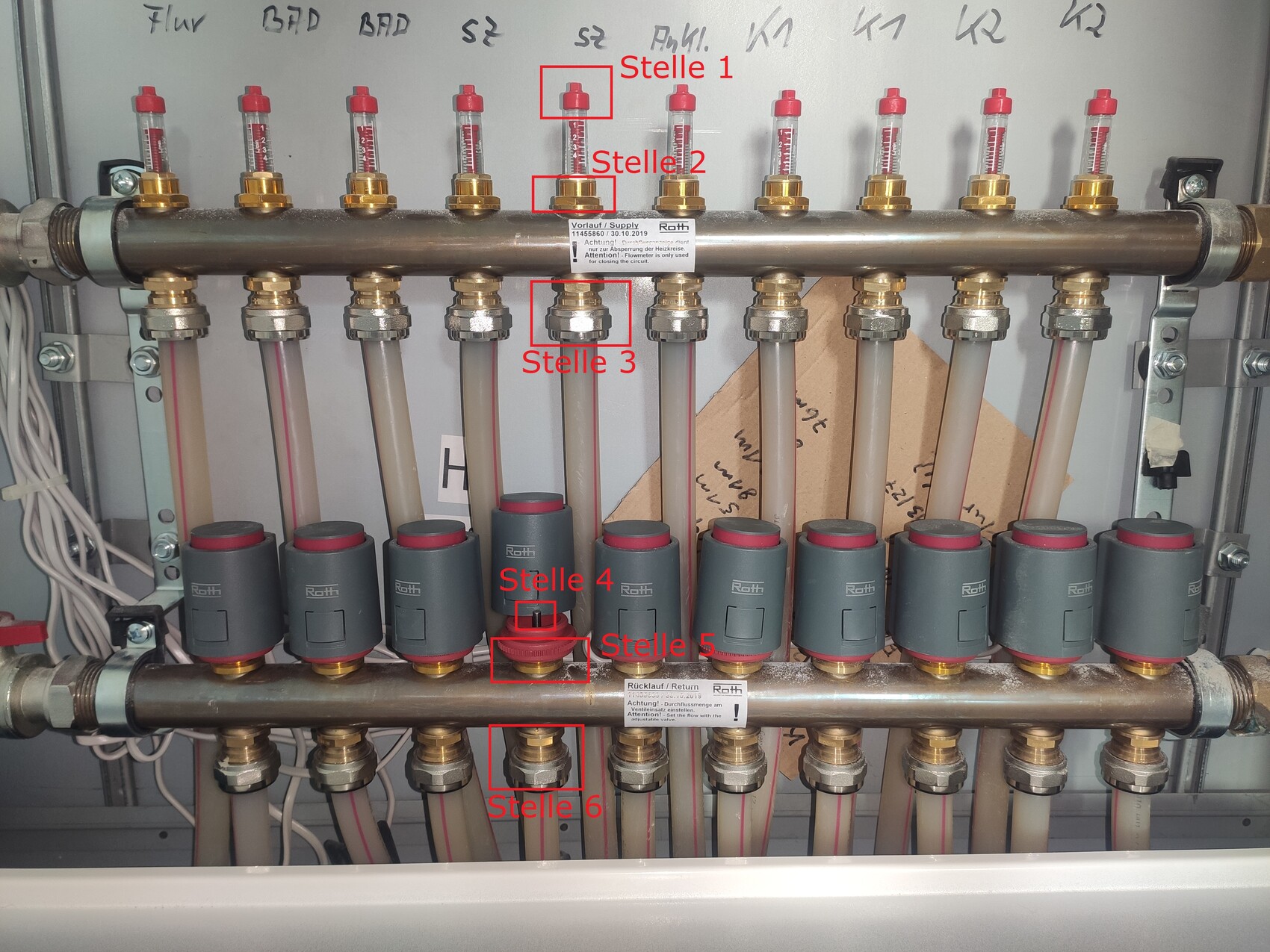 Manifold with six shut-off valves, piping, sensors, and gray actuators.