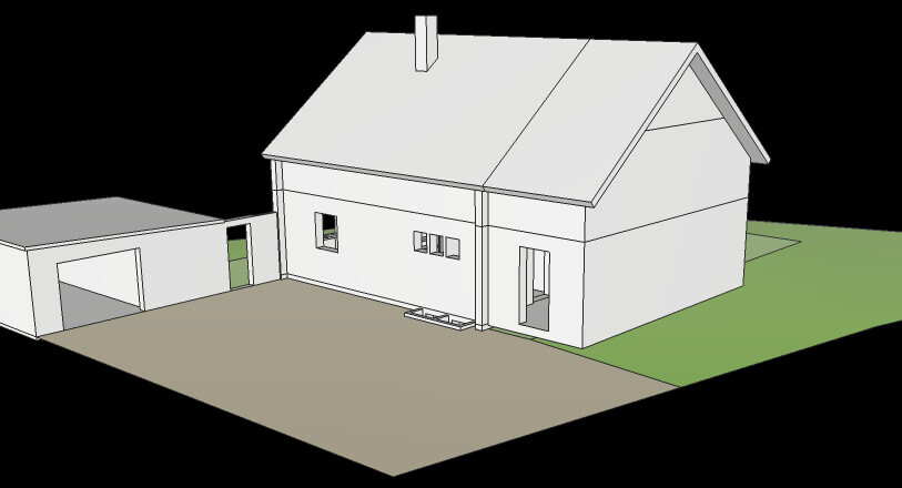 3D-Rendering eines Einfamilienhauses mit Schrägdach, linker Garage, Zufahrt und Grünfläche