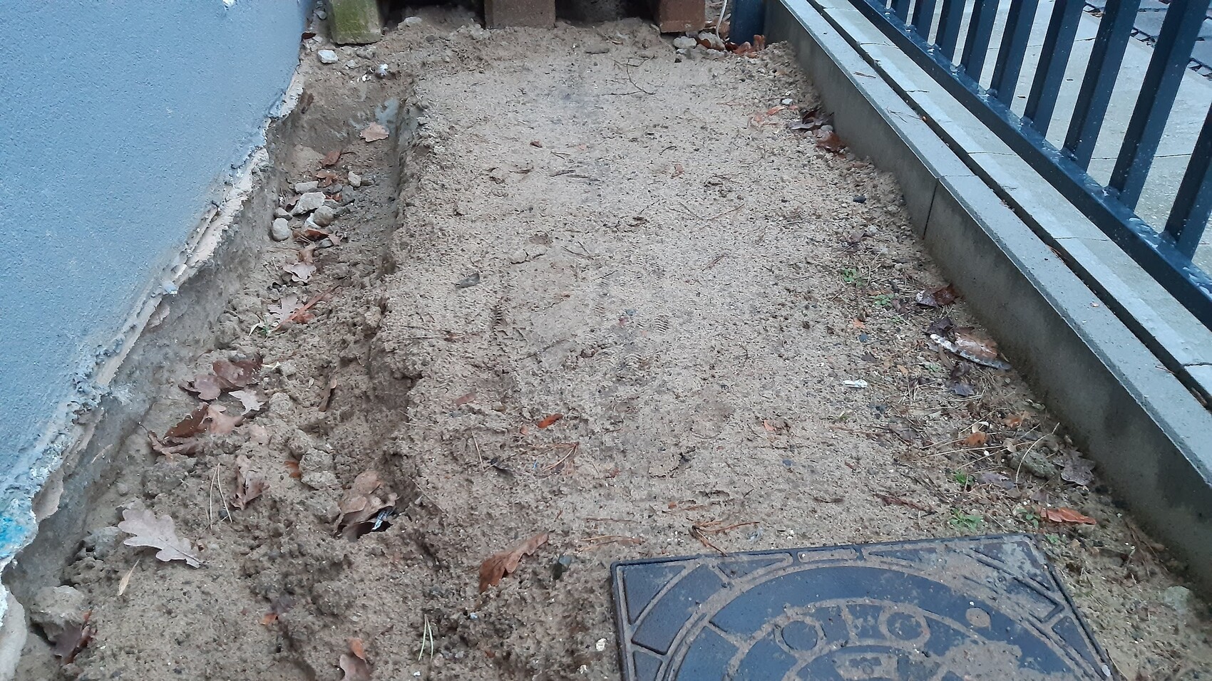 Narrow strip of soil next to blue wall with railing, sandy soil, and leaves.