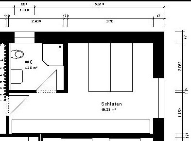 2D floor plan of a bedroom with adjacent toilet