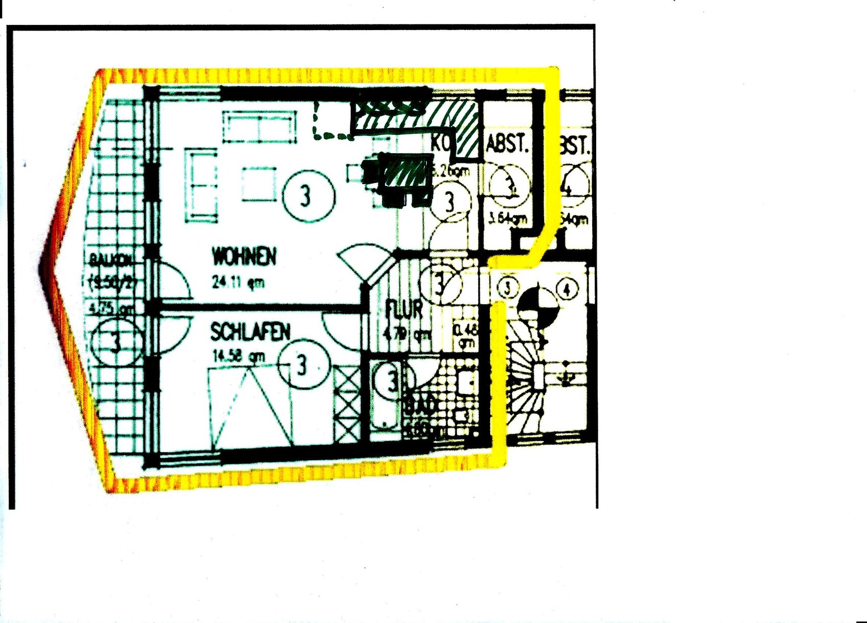 Apartment floor plan: living room, bedroom, hallway, bathroom; yellow highlighted outer edge.