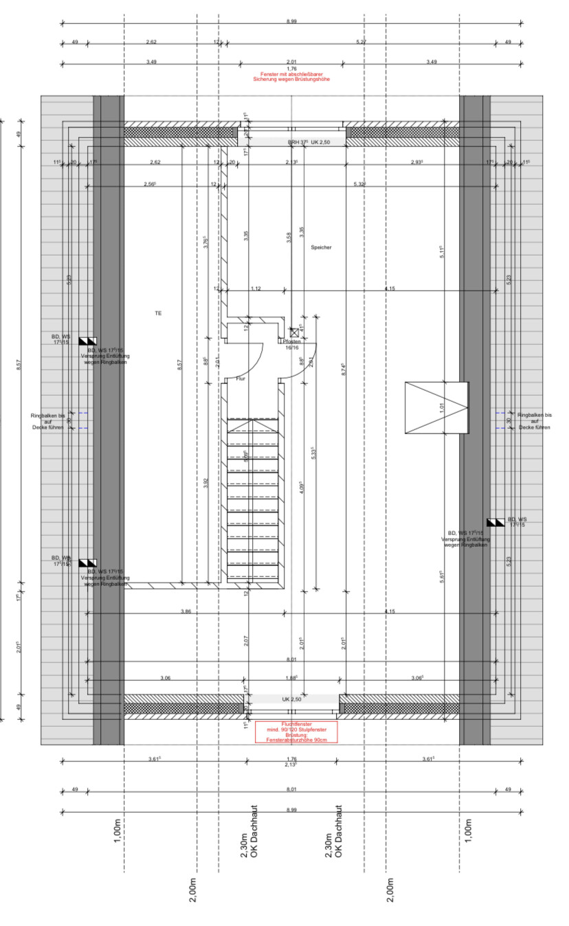 Architectural floor plan: central staircase, technical and storage rooms, with measurements.
