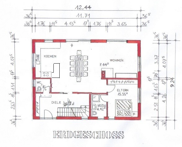 Floor plan of the ground floor: kitchen, dining room, living room, master bedroom, hallway, WC, stairs.