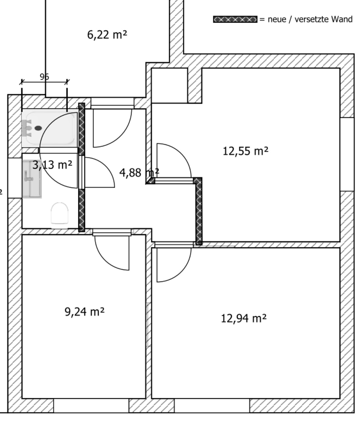 Floor plan of an apartment with rooms: 6.22; 12.55; 9.24; 12.94 m²; bathroom 3.13; hallway 4.88 m².