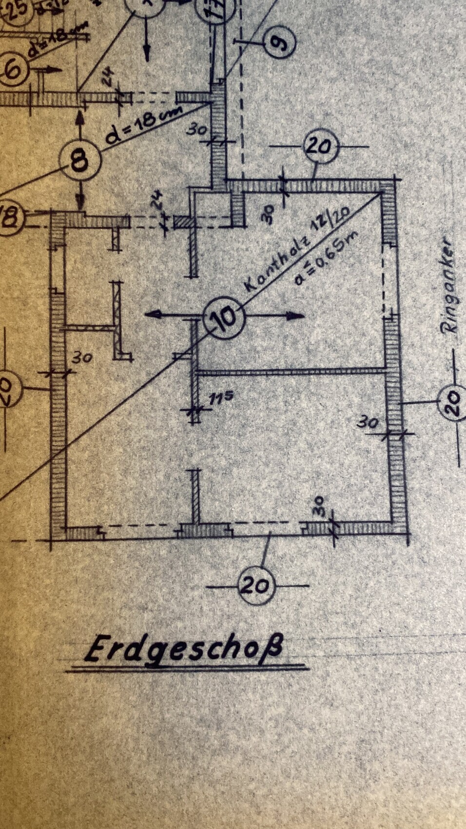 Ground floor plan: blueprint with walls, doors, dimension lines, and room numbers 10, 20, 30.