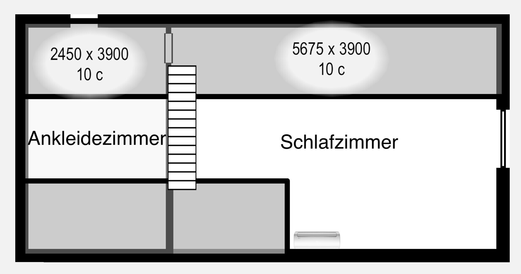 Floor plan: bedroom on the right, dressing room on the left, stairs in the middle, grey ancillary rooms below
