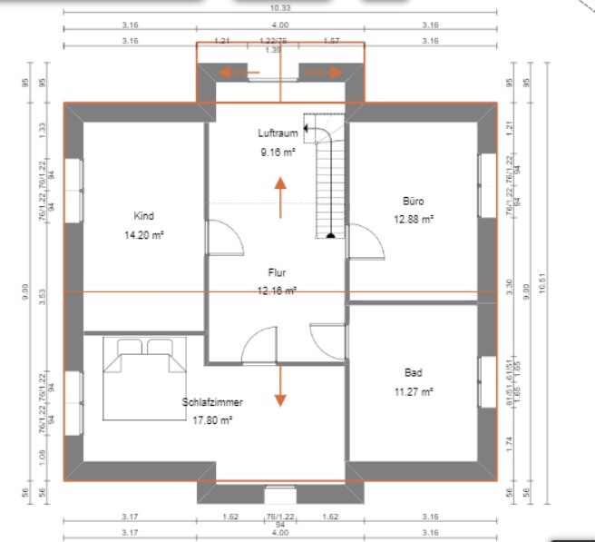 Upper floor plan with hallway, open space, bedroom, children’s room, office, and bathroom