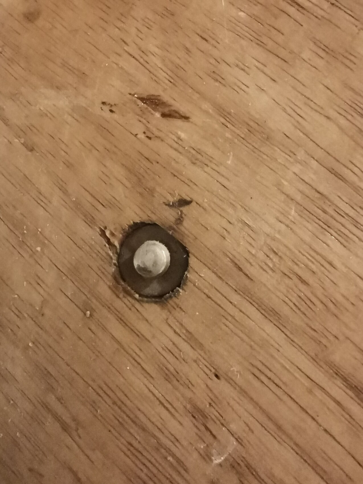 Wooden floor with a round hole showing a screw head.