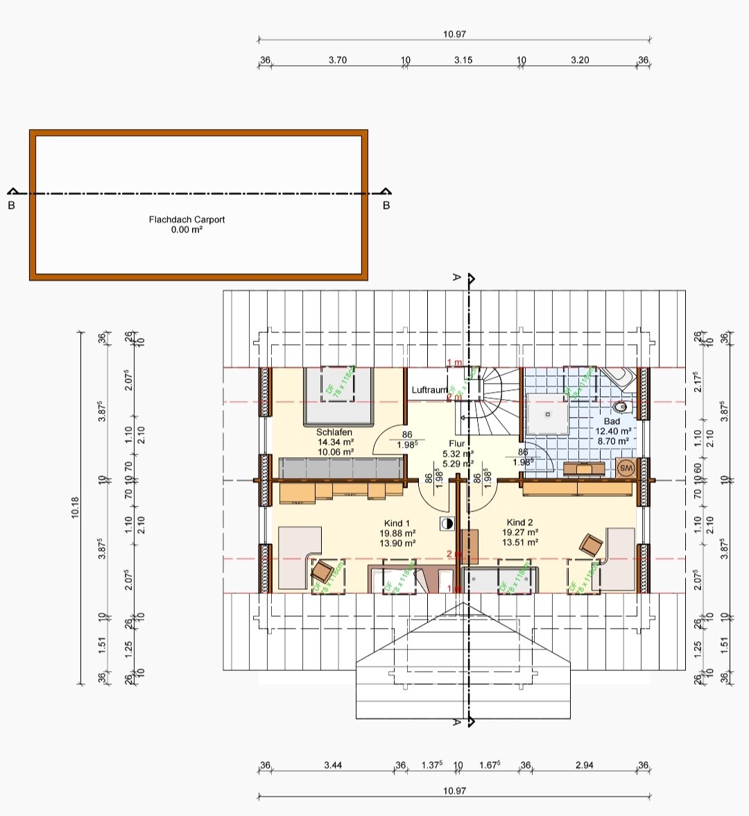 Attic floor plan with stairs, corridor, bedroom, Child 1, Child 2, bathroom; carport.