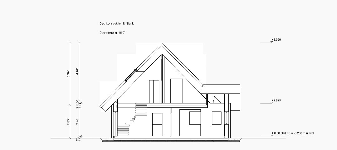 Cross-section view of a multi-story house with steep roof, stairs, windows and doors.
