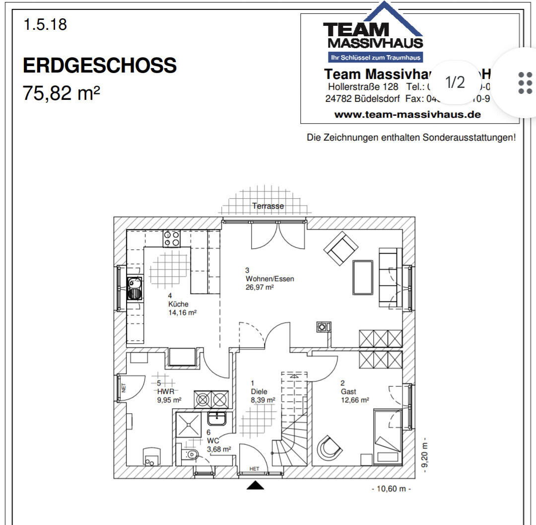 Ground floor plan with living/dining, kitchen, hallway, utility room, WC, guest room, terrace (75.82 m² / 815.8 sq ft).