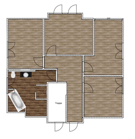 Grundriss eines Hauses mit mehreren Zimmern, Treppe und Badewanne.