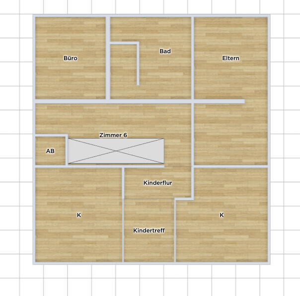 2D floor plan of a house with office, bathroom, master bedroom, kitchen, and children’s rooms