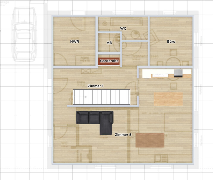 Floor plan of a house: utility room, storage, guest toilet, wardrobe, office; rooms 1 & 5 with sofa and table.