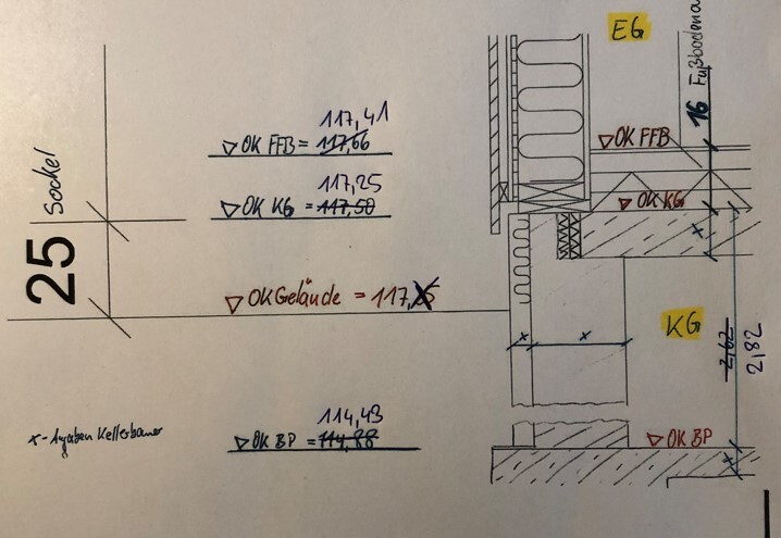 Cross-section of a building with slab, base, basement/ground floor, height details.