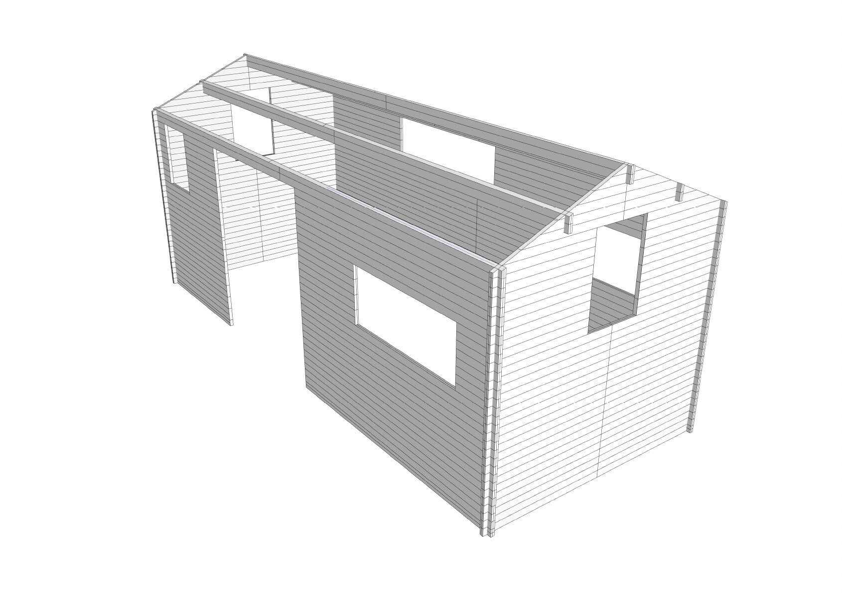 3D-Modell eines Holzhaus-Rahmens mit Innenwänden und Fensteröffnungen